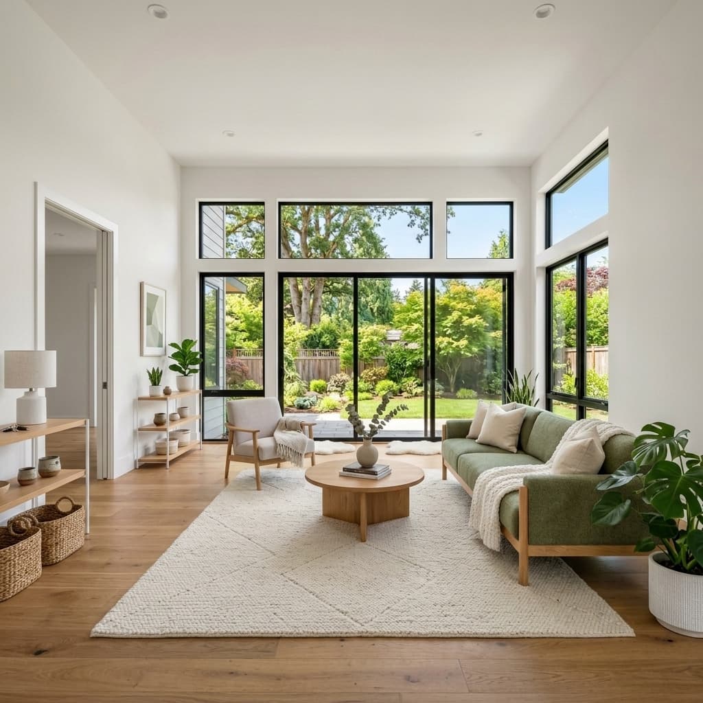Living room virtually staged in Scandinavian style
