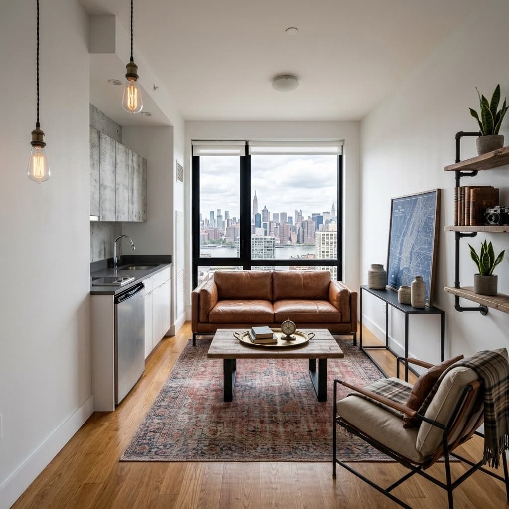 The same studio virtually staged in an industrial loft style