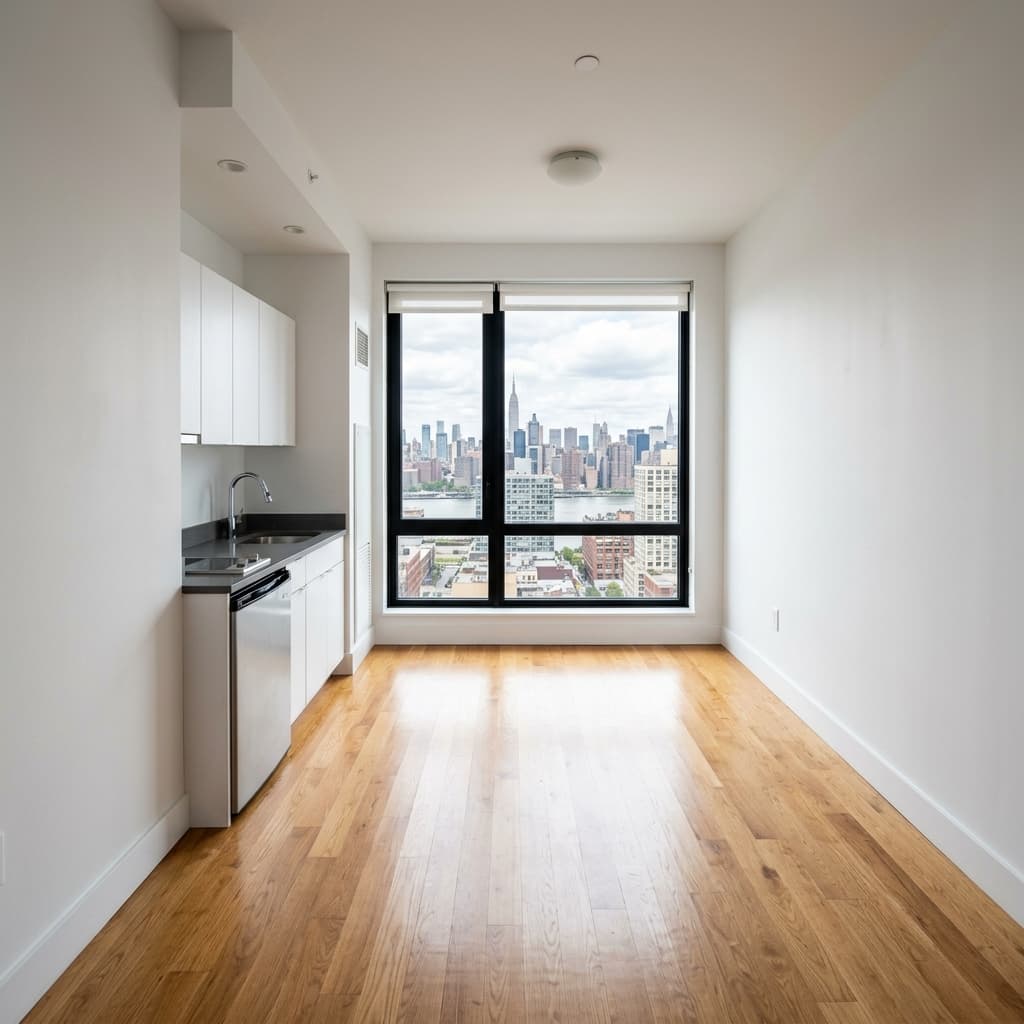 Empty studio apartment before virtual staging
