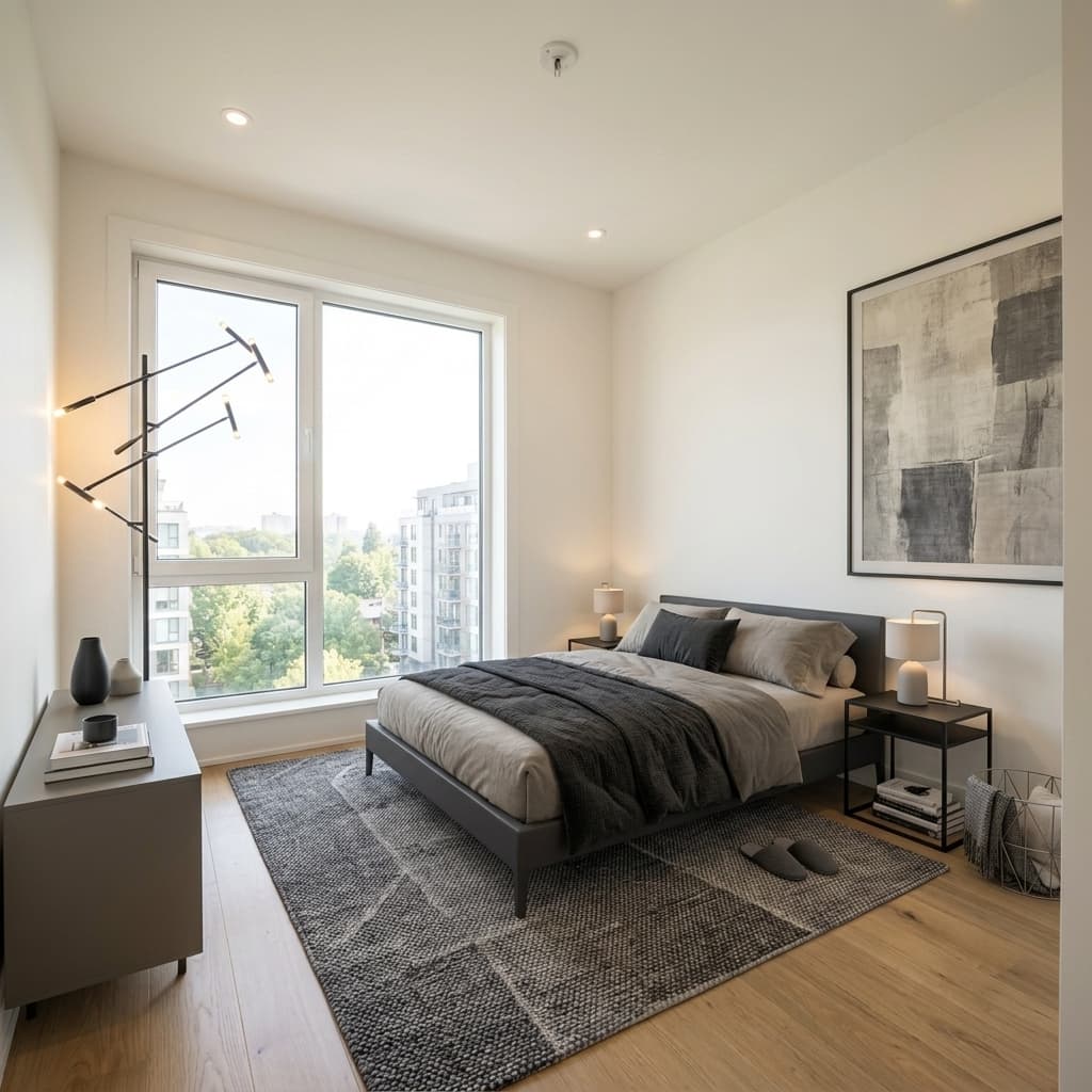 The same bedroom virtually staged in a modern style